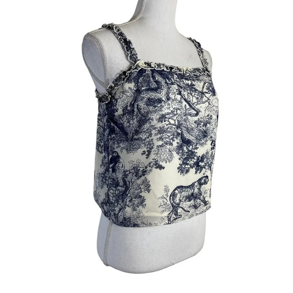 Aqua Blouse Size Small Off White and Blue Jungle Scene Tiger Trees Ruffle Trim - Picture 2 of 7